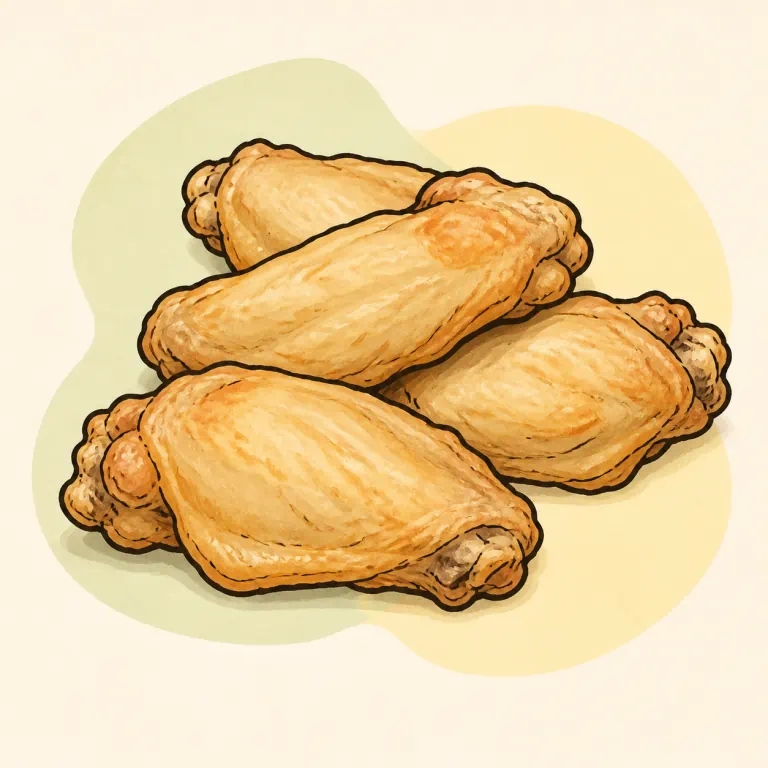 Hand-drawn editorial illustration of Chicken "wings", plain, from precooked.