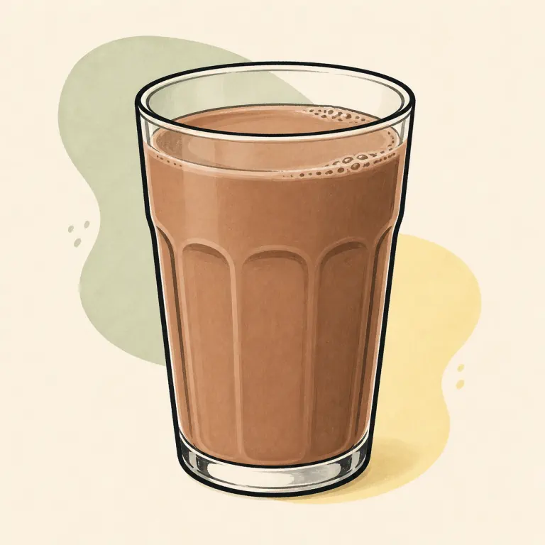 Hand-drawn editorial illustration of Chocolate milk, reduced sugar, whole.