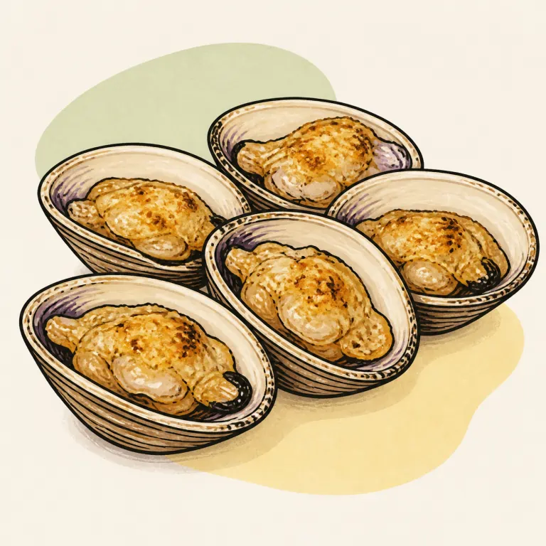 Hand-drawn editorial illustration of Clams, baked or broiled.