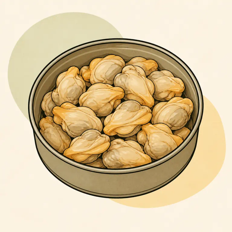 Hand-drawn editorial illustration of Clams, canned.