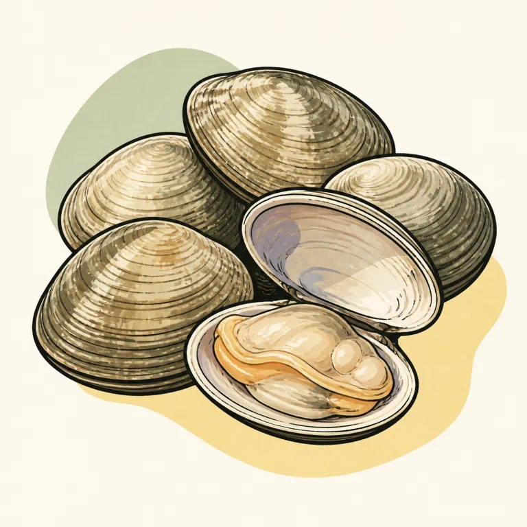 Hand-drawn editorial illustration of Clams, raw.