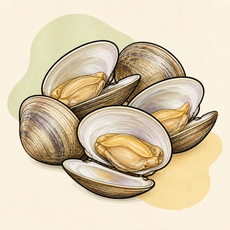 Hand-drawn editorial illustration of Clams, steamed or boiled.