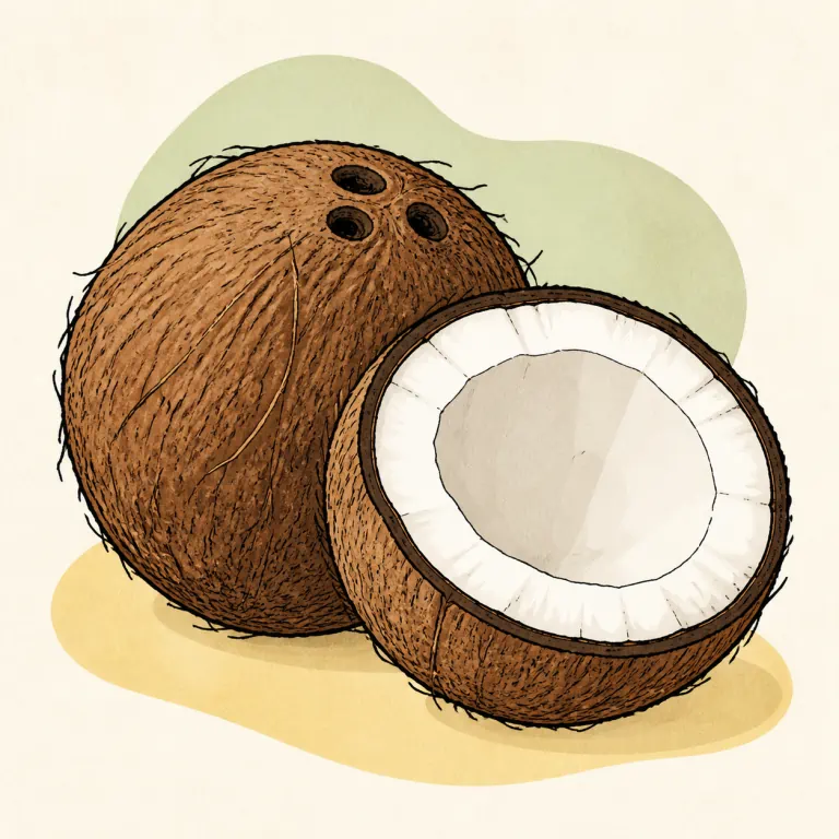 Hand-drawn editorial illustration of Coconut, fresh.