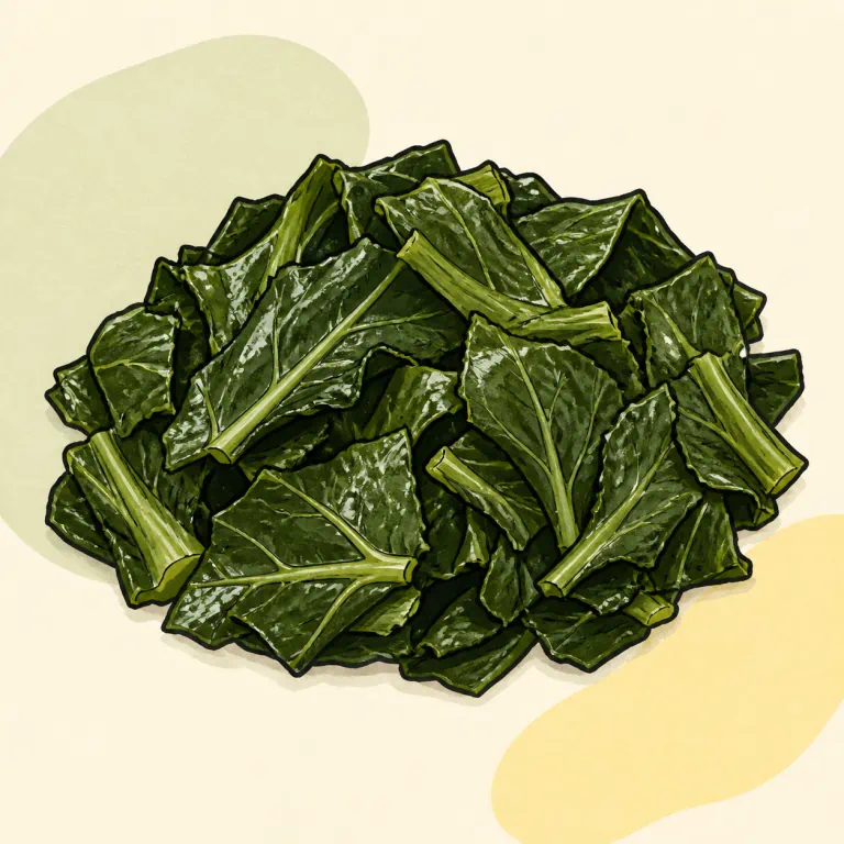 Hand-drawn editorial illustration of Collards, fresh, cooked, no added fat.