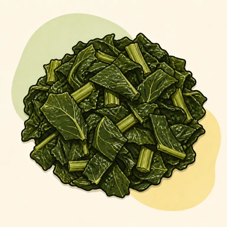 Hand-drawn editorial illustration of Collards, frozen, cooked, no added fat.