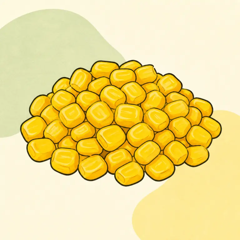 Hand-drawn editorial illustration of Corn, canned, cooked, no added fat.