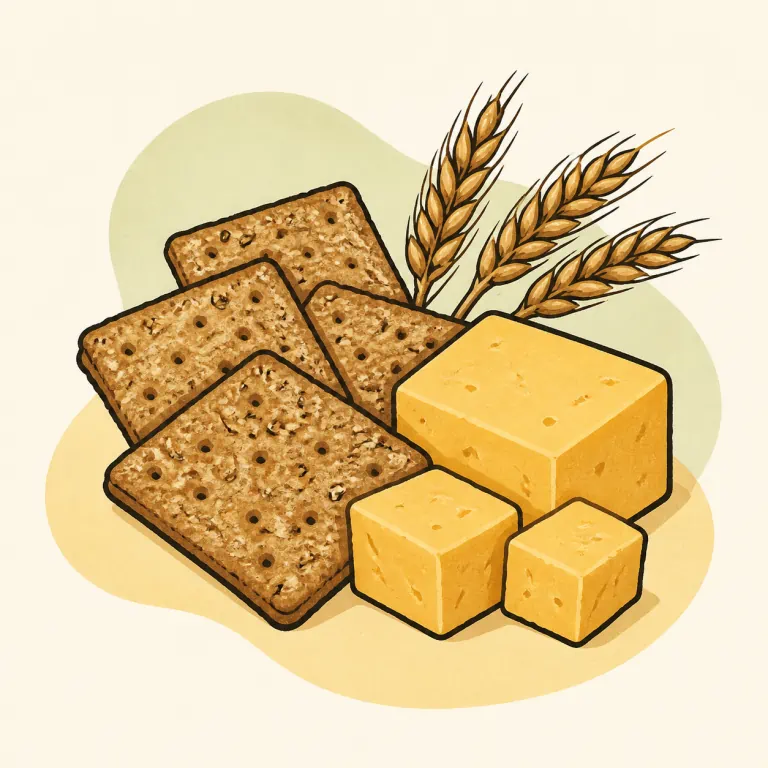 Hand-drawn editorial illustration of Crackers, cheese, whole grain.