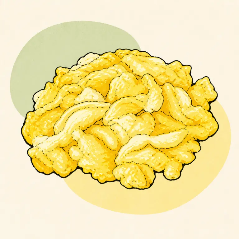 Hand-drawn editorial illustration of Egg omelet or scrambled egg, no added fat.