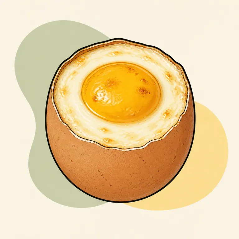 Hand-drawn editorial illustration of Egg, whole, baked, fat added.
