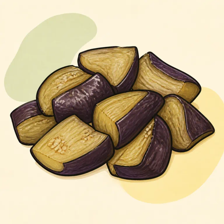 Hand-drawn editorial illustration of Eggplant, cooked, no added fat.