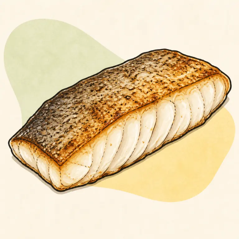 Hand-drawn editorial illustration of Fish, bass, baked or broiled.