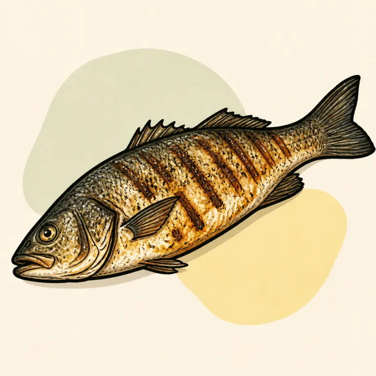 Hand-drawn editorial illustration of Fish, bass, grilled.