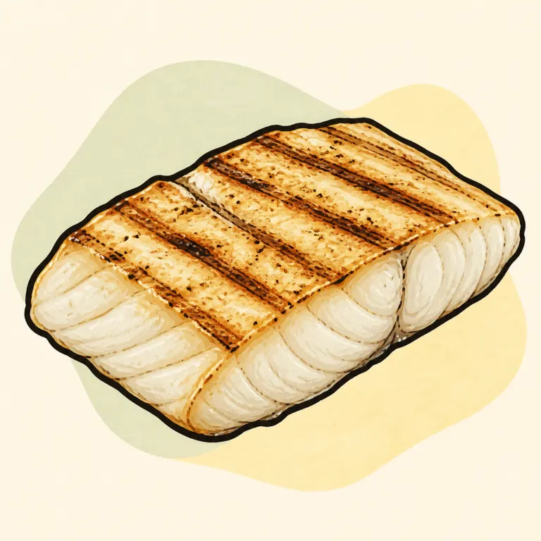 Hand-drawn editorial illustration of Fish, cod, grilled.