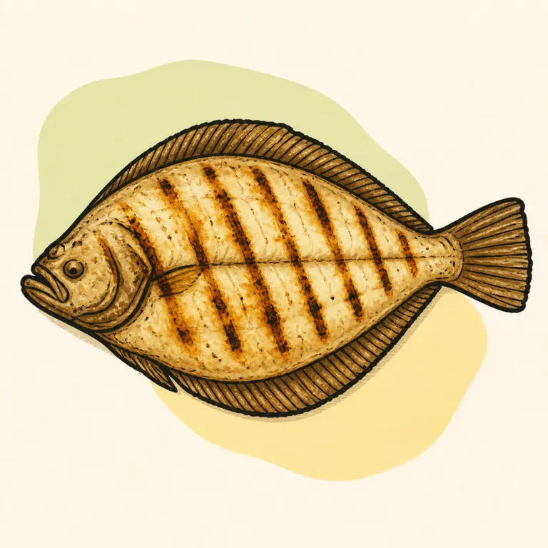 Hand-drawn editorial illustration of Fish, flounder, grilled.