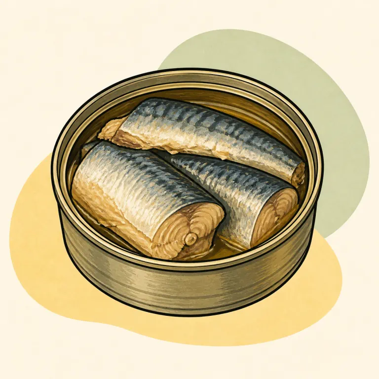 Hand-drawn editorial illustration of Fish, mackerel, canned.