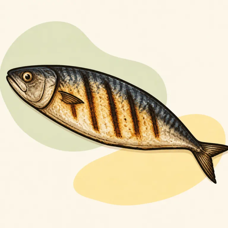 Hand-drawn editorial illustration of Fish, mackerel, grilled.