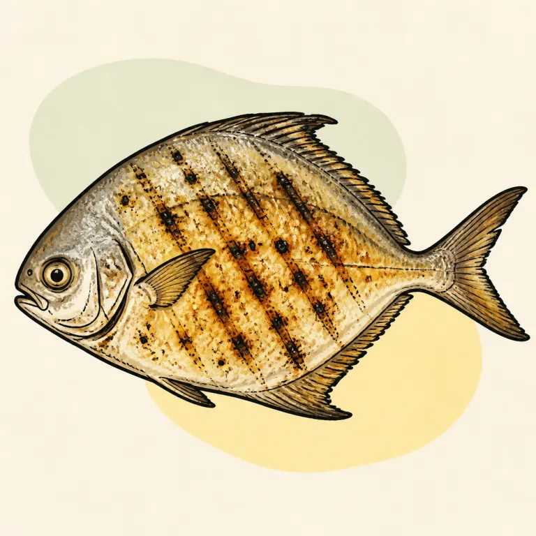 Hand-drawn editorial illustration of Fish, pompano, grilled.