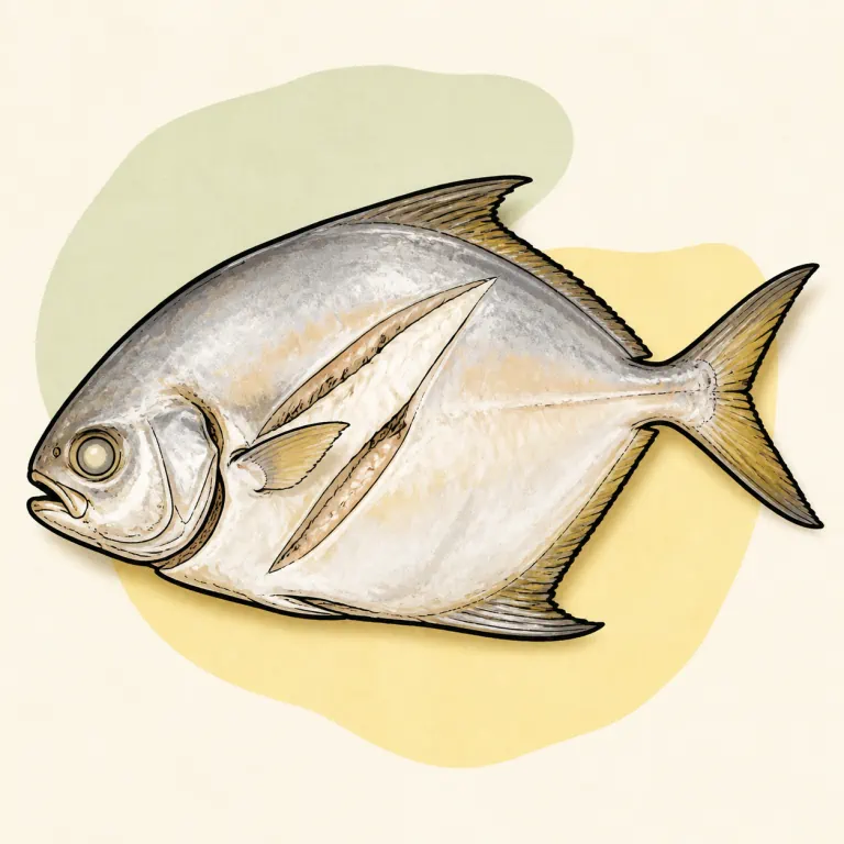 Hand-drawn editorial illustration of Fish, pompano, steamed.