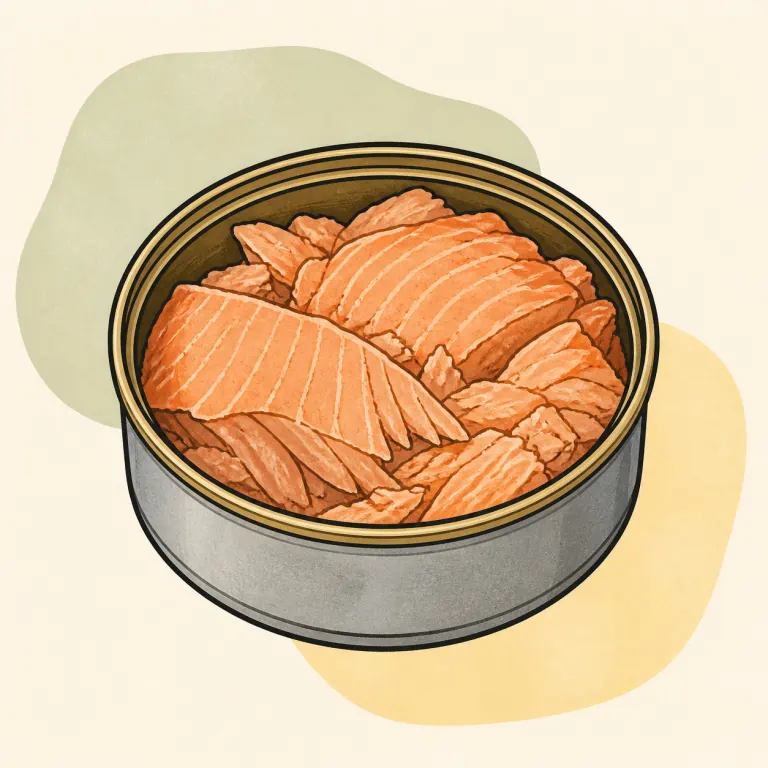 Hand-drawn editorial illustration of Fish, salmon, canned.