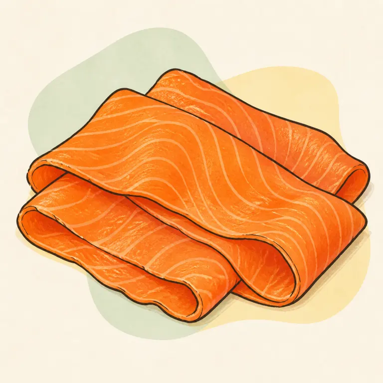 Hand-drawn editorial illustration of Fish, salmon, smoked.