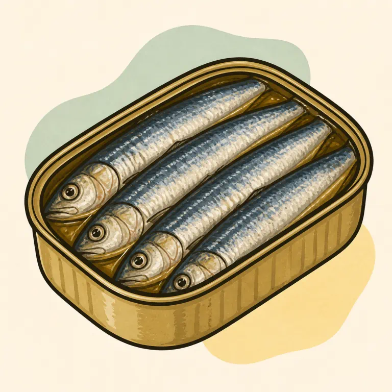 Hand-drawn editorial illustration of Fish, sardines, canned.