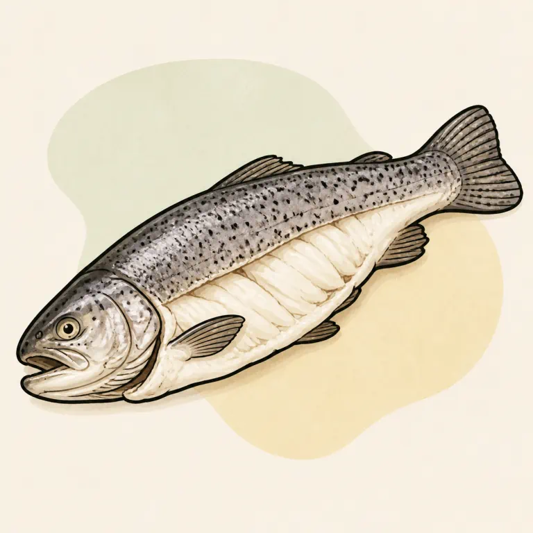 Hand-drawn editorial illustration of Fish, trout, steamed.