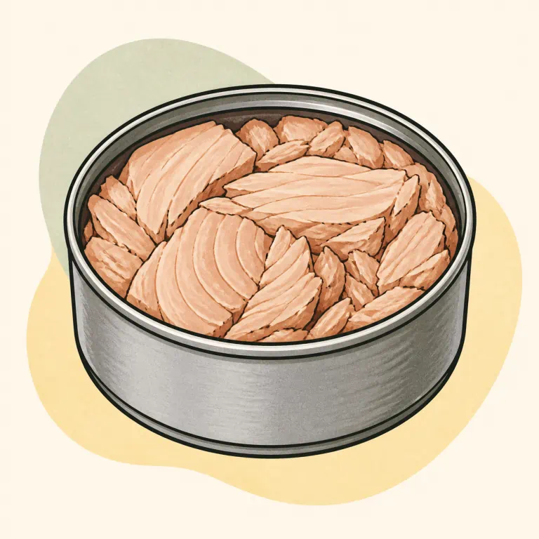Hand-drawn editorial illustration of Fish, tuna, canned.