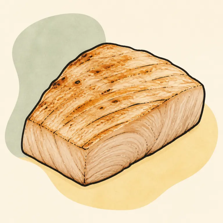 Hand-drawn editorial illustration of Fish, tuna, cooked.