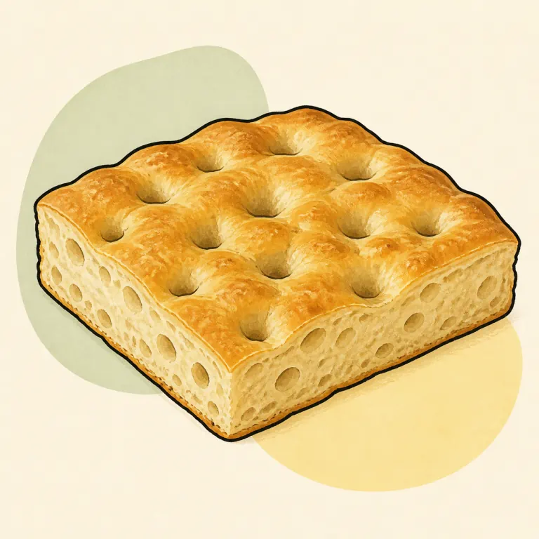 Hand-drawn editorial illustration of Focaccia, Italian, plain.