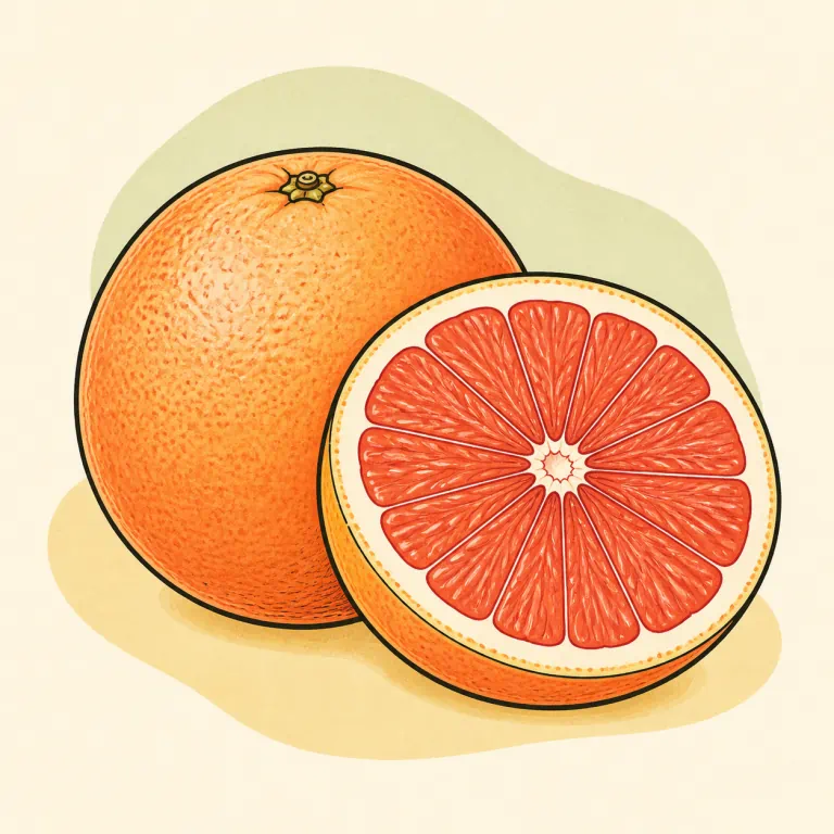 Hand-drawn editorial illustration of Grapefruit, raw.