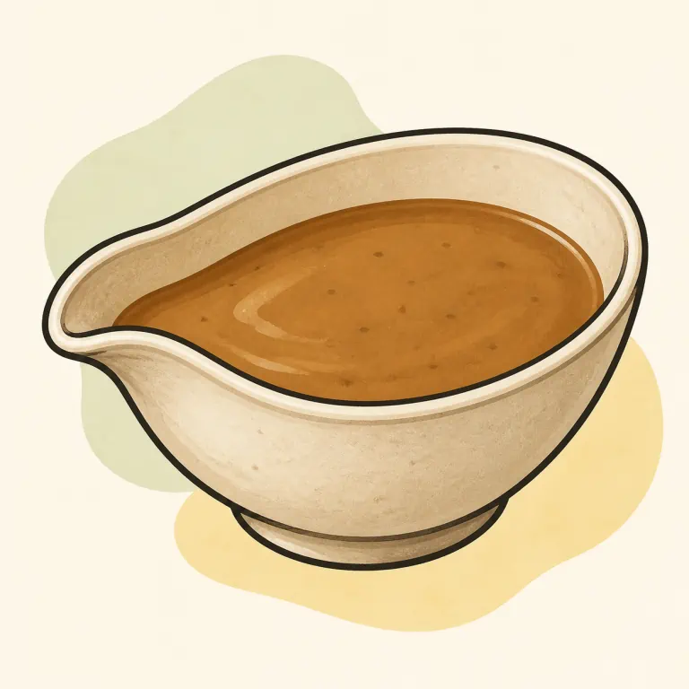 Hand-drawn editorial illustration of Gravy, vegetarian.
