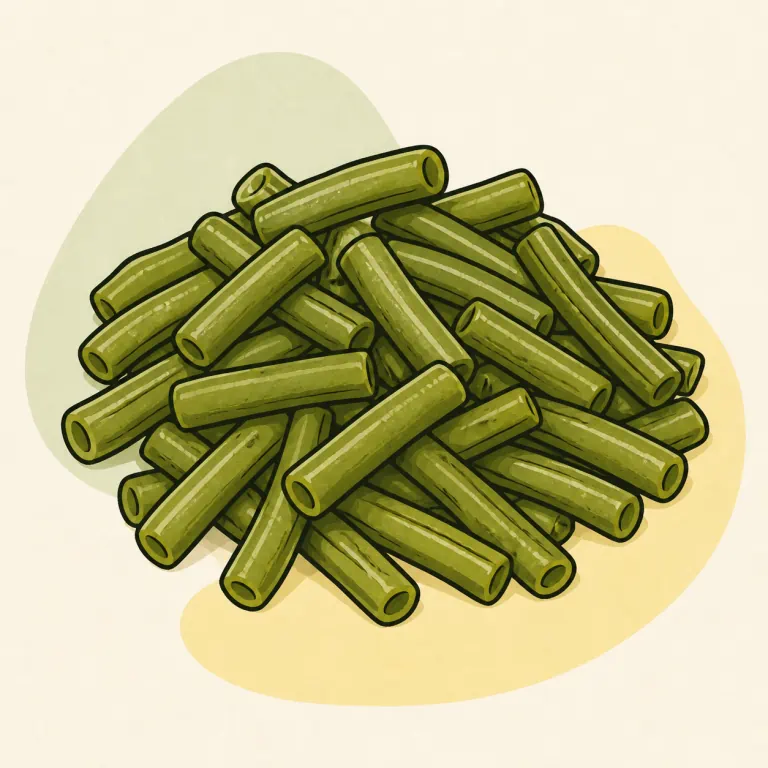 Hand-drawn editorial illustration of Green beans, canned, cooked, no added fat.