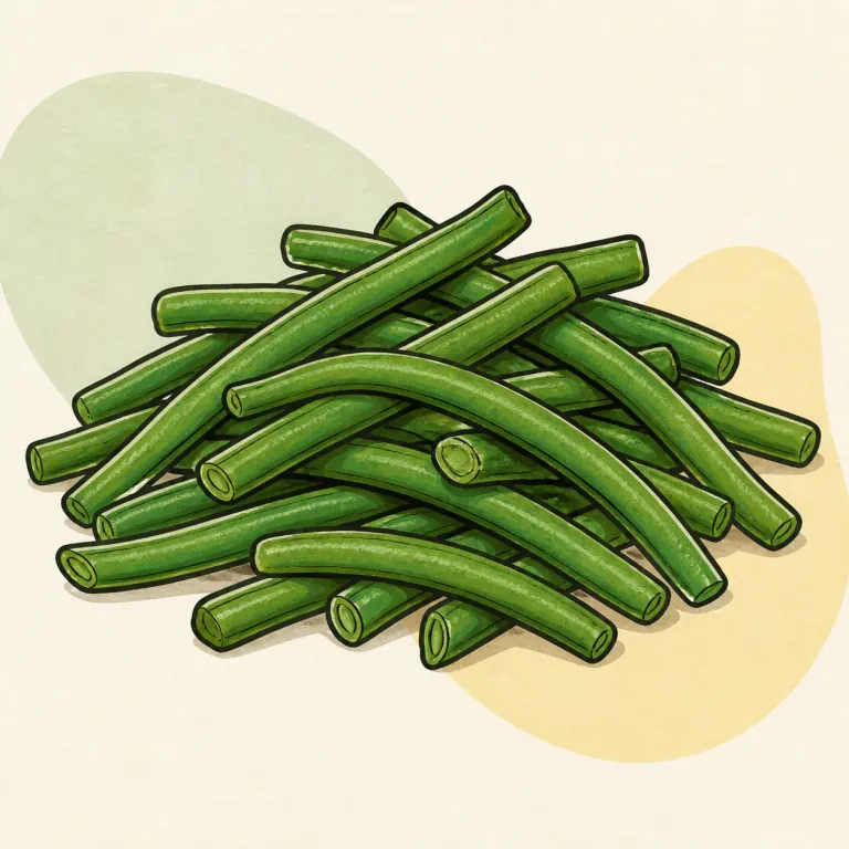 Hand-drawn editorial illustration of Green beans, fresh, cooked, no added fat.