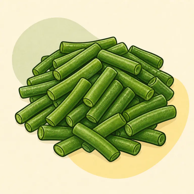 Hand-drawn editorial illustration of Green beans, frozen, cooked, no added fat.