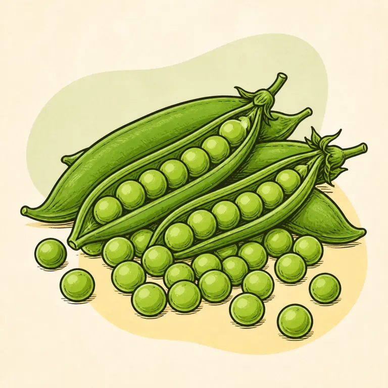 Hand-drawn editorial illustration of Green peas, raw.