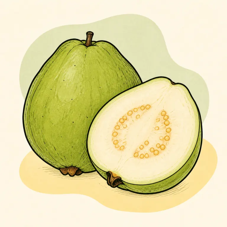 Hand-drawn editorial illustration of Guava, raw.
