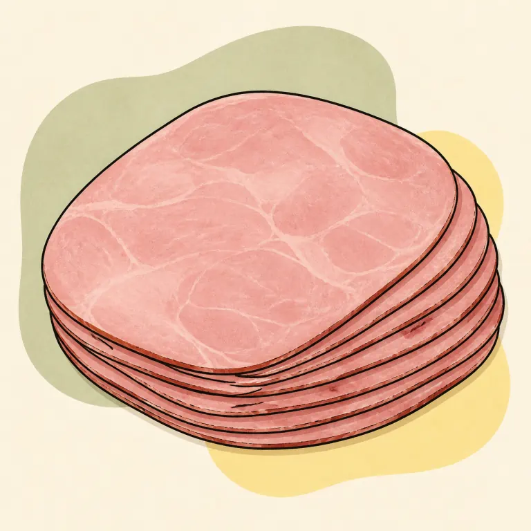 Hand-drawn editorial illustration of Ham, prepackaged or deli, luncheon meat.