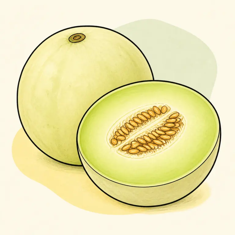 Hand-drawn editorial illustration of Honeydew melon, raw.