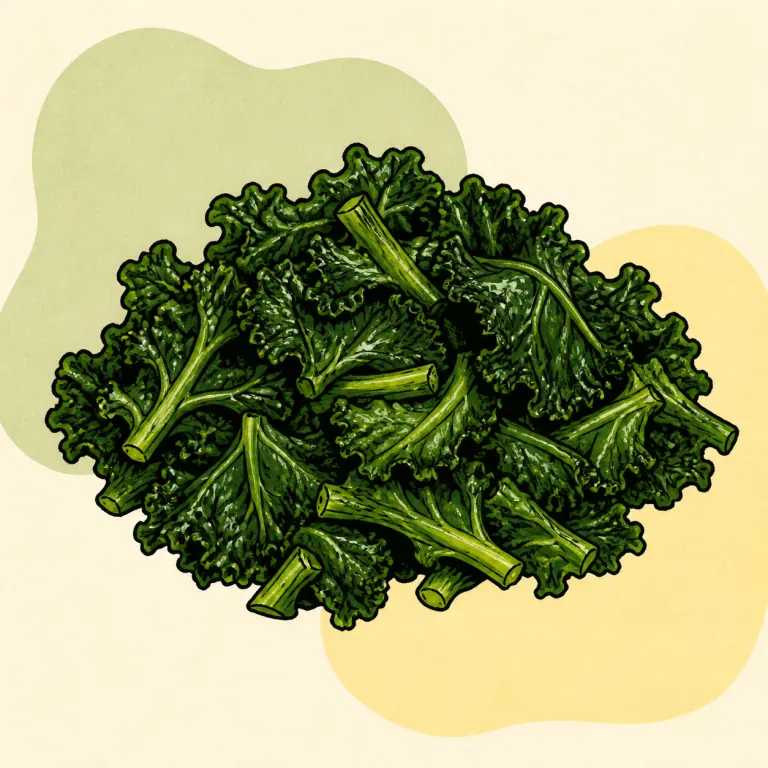 Hand-drawn editorial illustration of Kale, fresh, cooked, no added fat.