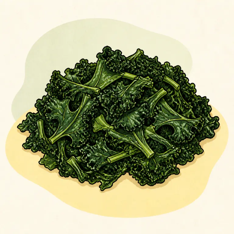 Hand-drawn editorial illustration of Kale, frozen, cooked, no added fat.