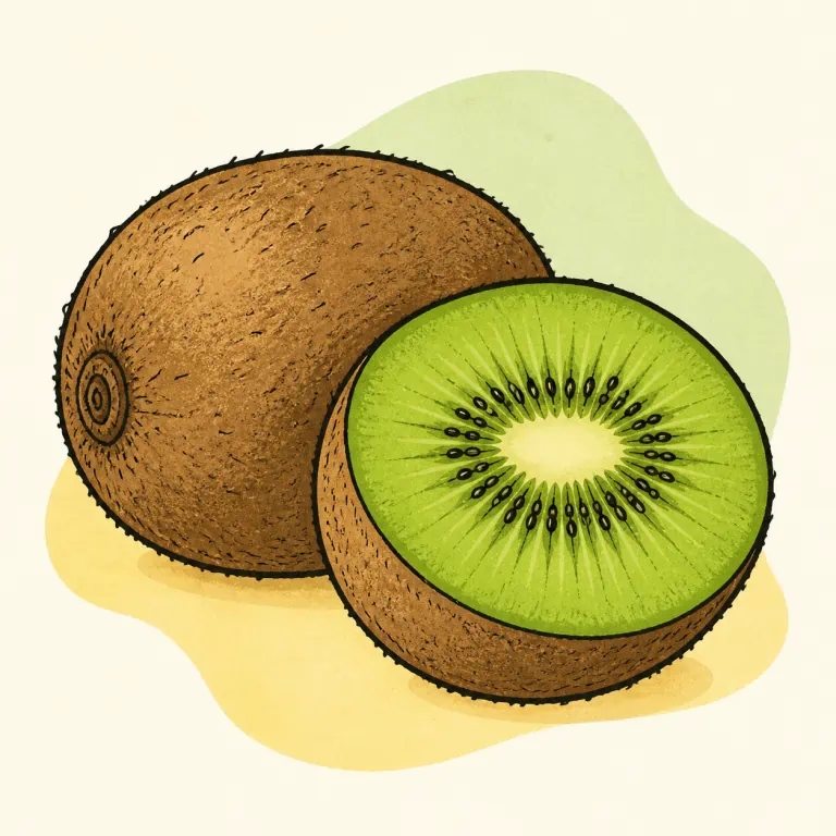 Hand-drawn editorial illustration of Kiwi fruit, raw.