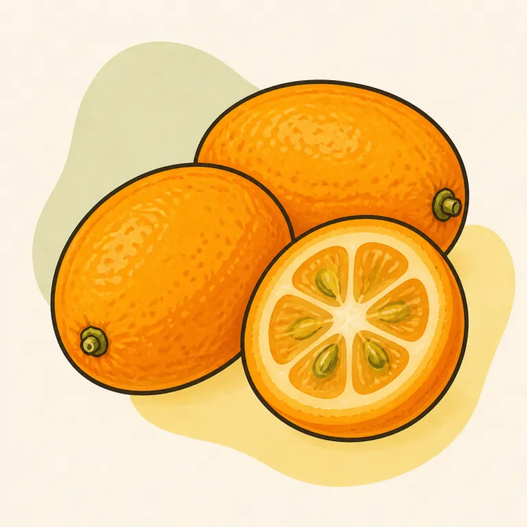 Hand-drawn editorial illustration of Kumquat, raw.