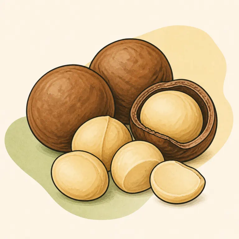 Hand-drawn editorial illustration of Macadamia nuts.