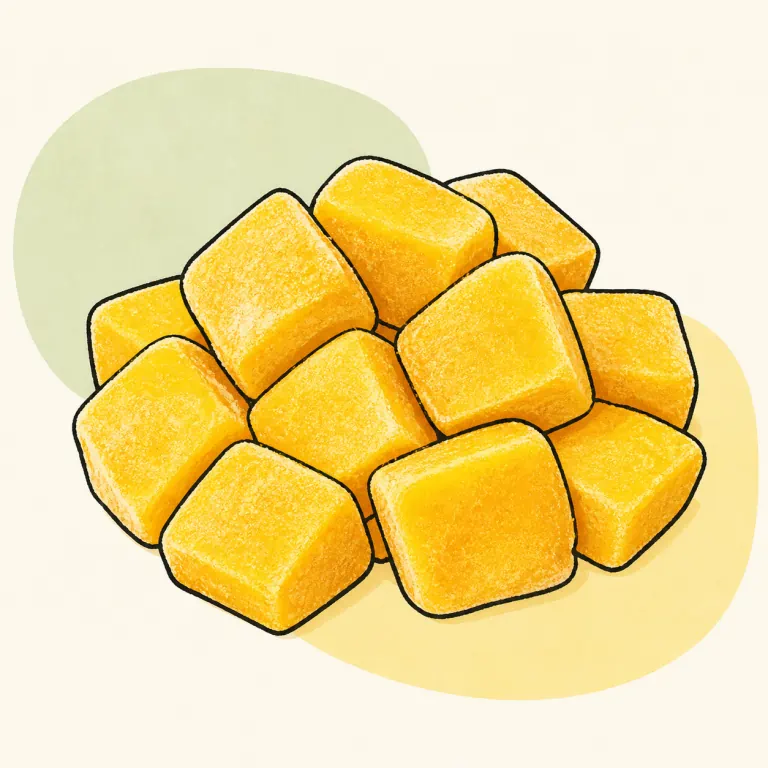 Hand-drawn editorial illustration of Mango, frozen.
