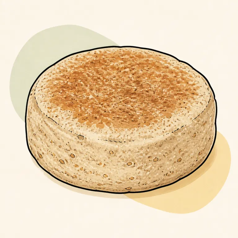Hand-drawn editorial illustration of Muffin, English, whole grain white.