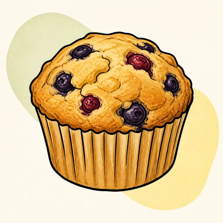 Hand-drawn editorial illustration of Muffin, fruit.