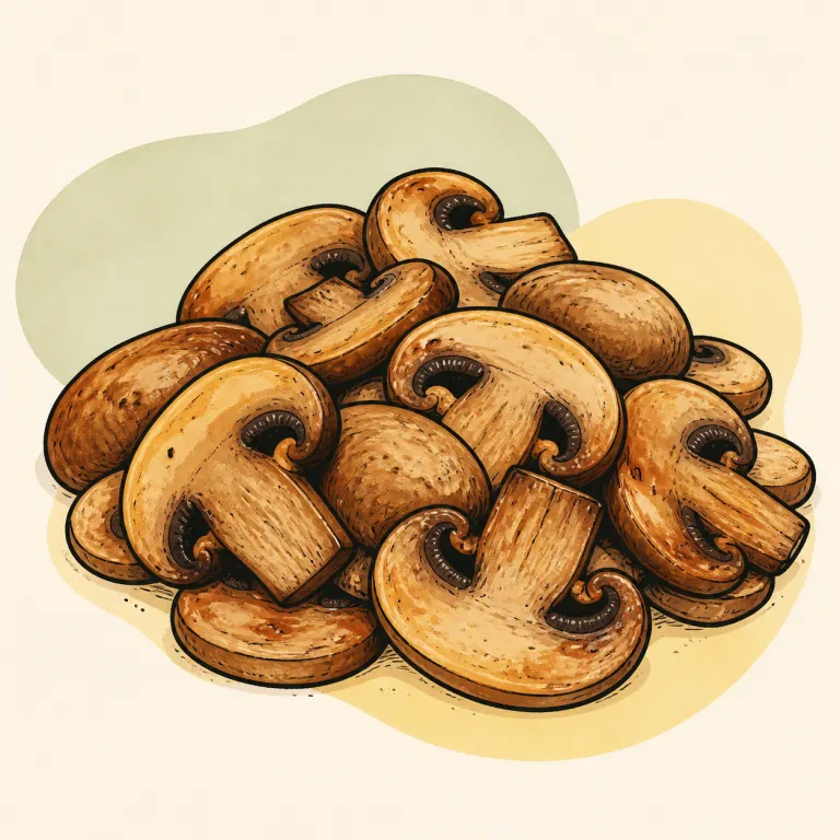Hand-drawn editorial illustration of Mushrooms, fresh, cooked, no added fat.