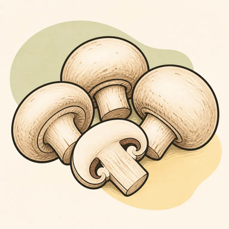 Hand-drawn editorial illustration of Mushrooms, raw.