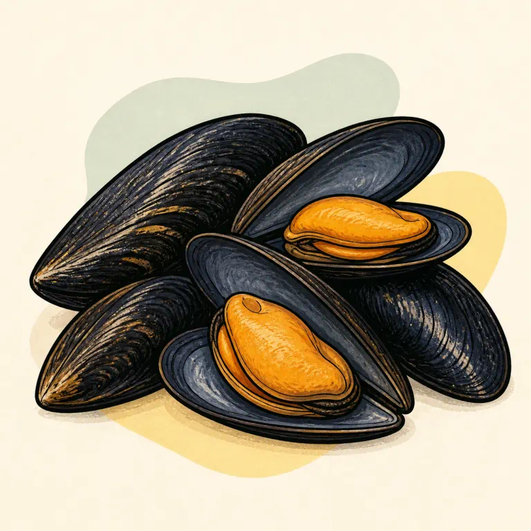 Hand-drawn editorial illustration of Mussels.