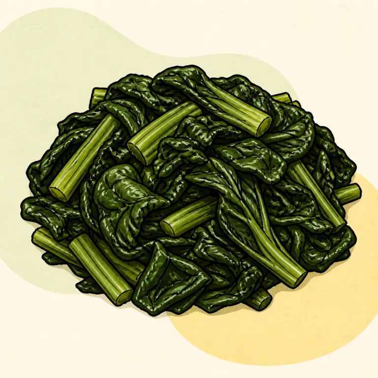 Hand-drawn editorial illustration of Mustard greens, fresh, cooked, no added fat.